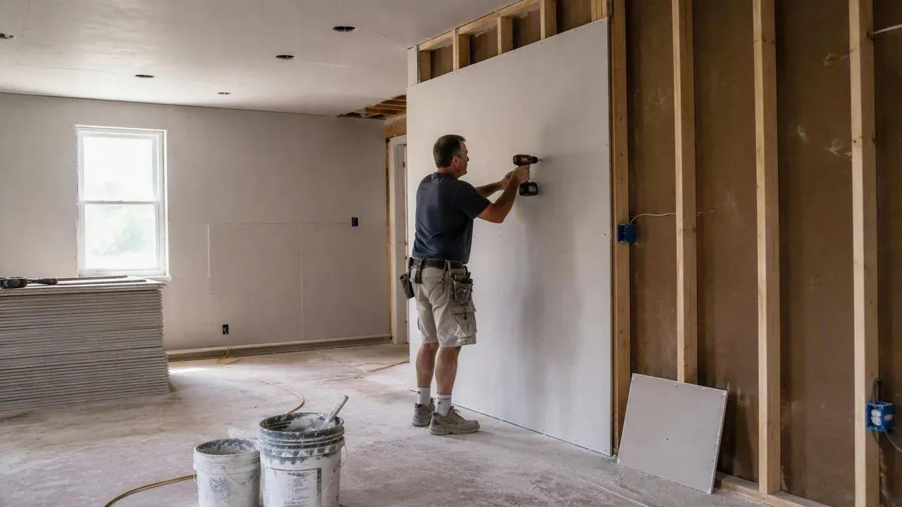 St Catharines Elite Drywall contractor installing a drywall sheet on a stud wall