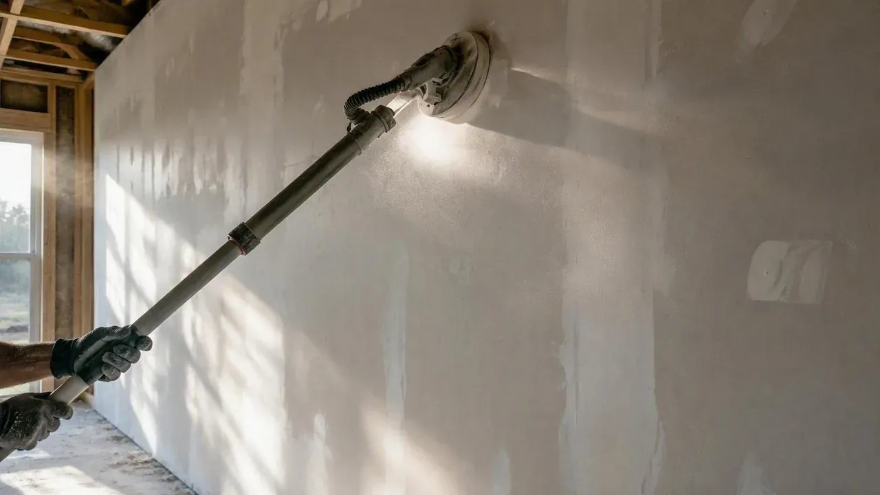 Pole sander smoothing a long finished drywall wall before the final inspection