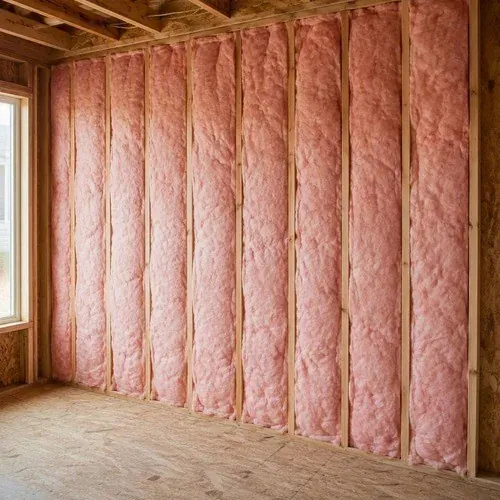 Fiberglass batts filling an exterior wall cavity to the full depth of the stud