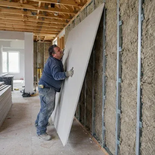 Dense sound-rated drywall panel being lifted into place over resilient channel